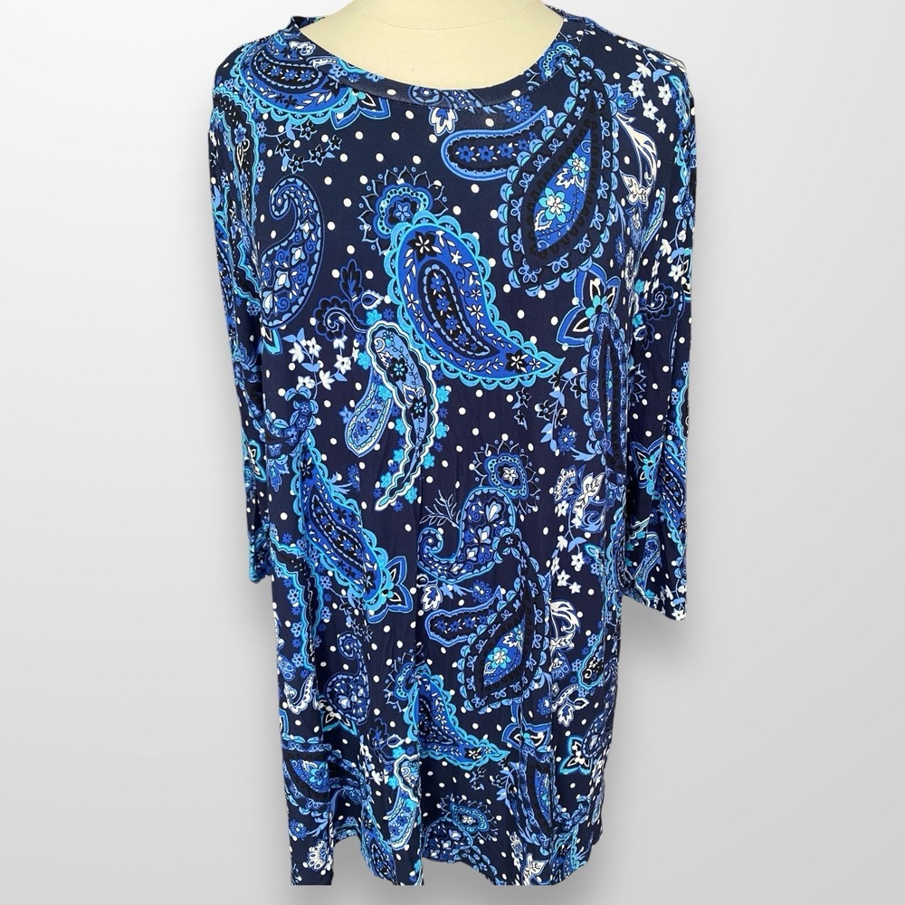 Jessica London 18 / 20 Tunic Top Shirt 3/4 Sleeve Flowy Blue Stretch Lightweight